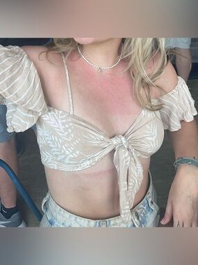 Ocean Drive Beige and White Tie-Front Off-Shoulder Crop Top